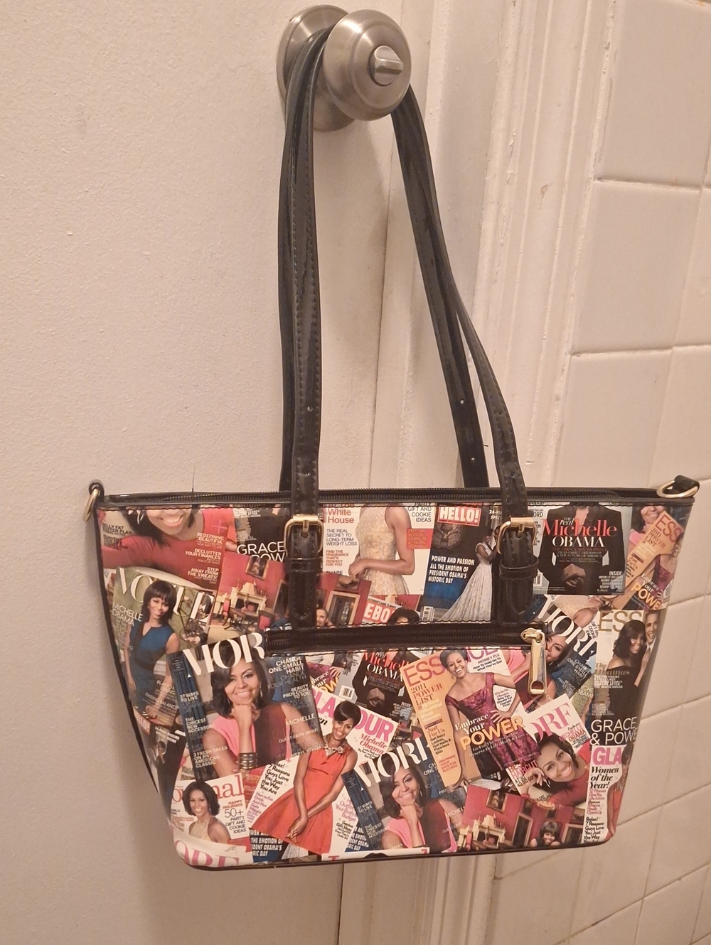 Magazine Collage Print Black Handle Tote Bag